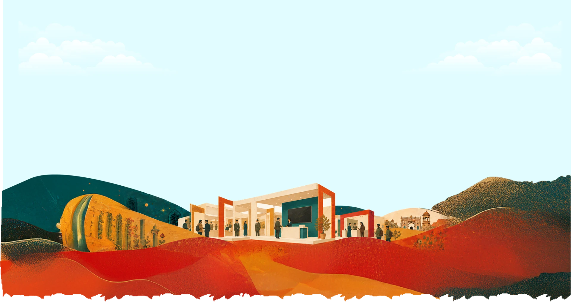Illustrated Cypher expo grounds set in an Indian landscape